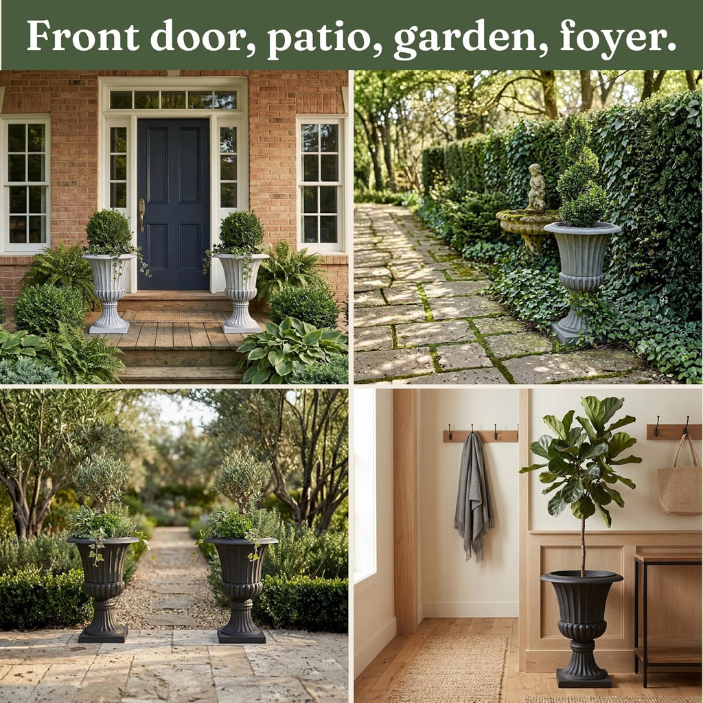 Urn Planters 22", Set of 2, Tall Stone-Resin Pedestal Planters for Outdoor Plants, Large Front Porch Decor, Patio