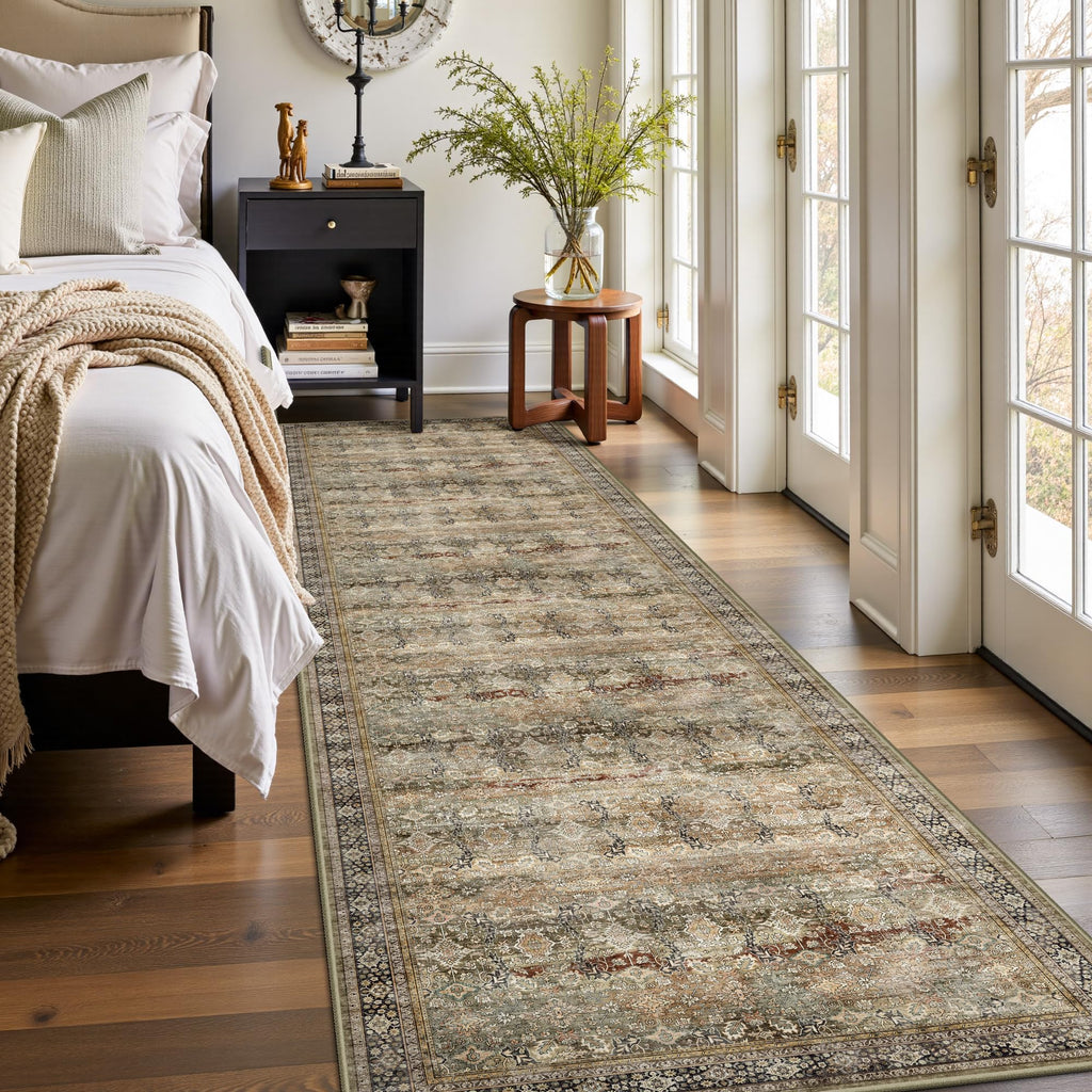 Hallway Runner Rug, Washable Vintage Retro Long Runner Rugs Laundry, Soft Ultra Thin Non Slip Low Pile