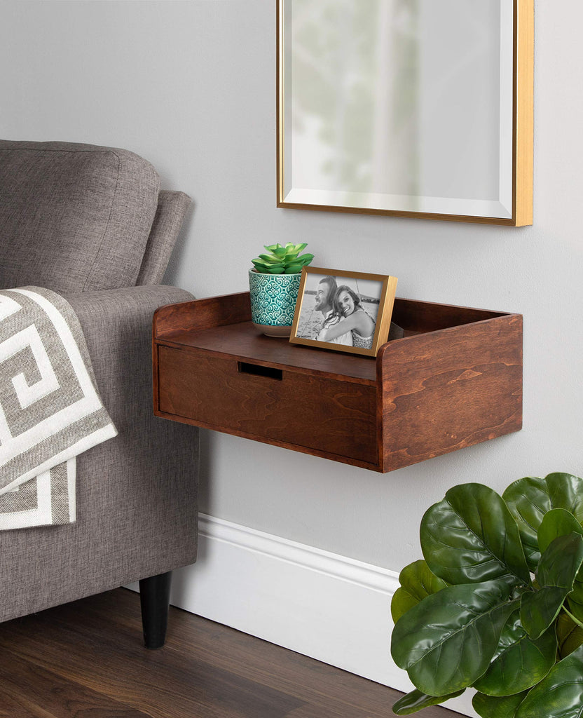Kitt Modern Floating Wall Shelf Side Table with Drawer, 18" x 12" x 6.5", Walnut