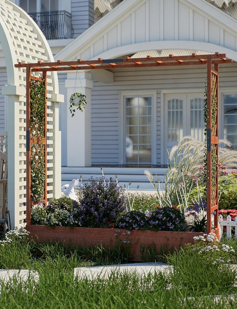 Raised Wooden Garden Bed with Trellis, Large Planter Box with Side Trellis & Hanging Roof, Weatherproof Wood Elevated