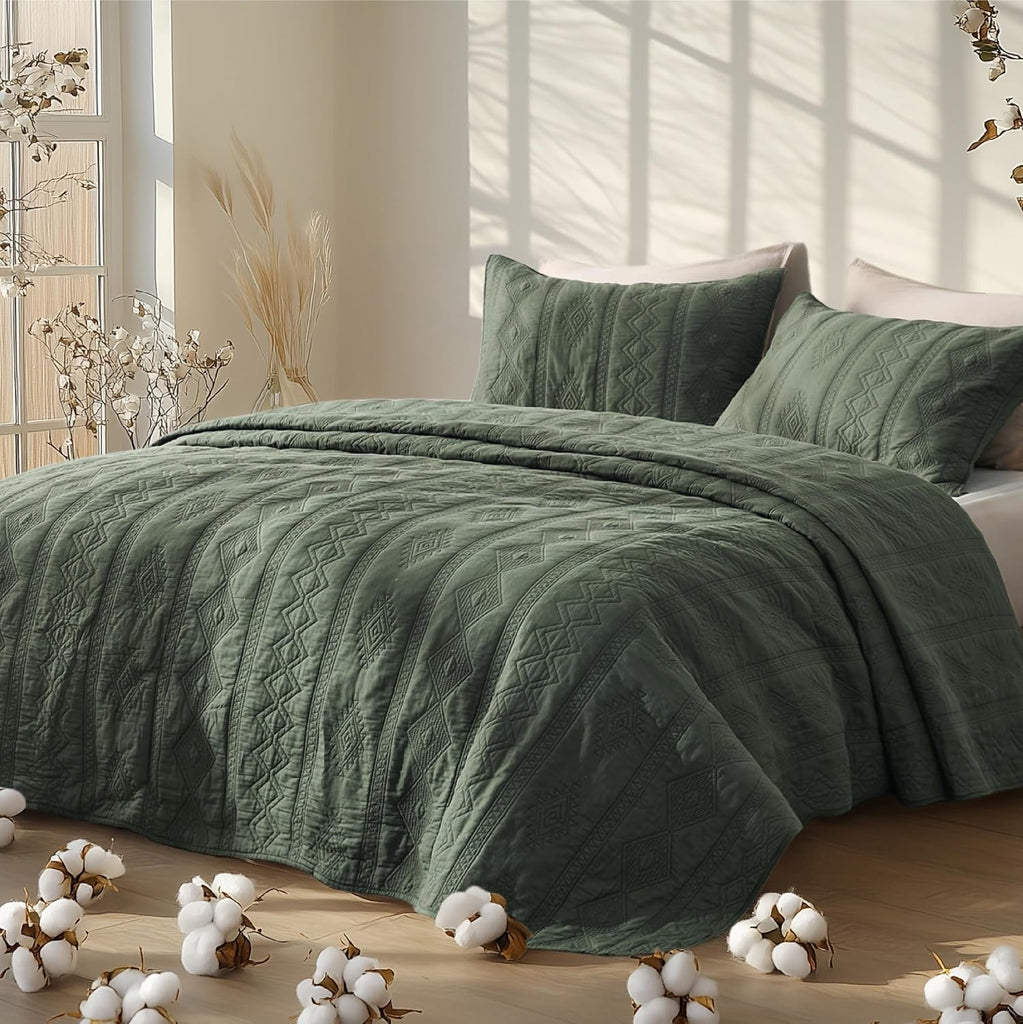 100% Cotton Quilt Set - Queen Bedspread, Lightweight Soft Bed Coverlet, PureWoven, 3-Piece Cozy Stitching Quilt Set