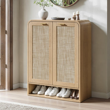 41 Inch Rattan Shoe Storage Cabinet Holds 24 Pairs, Natural Oak
