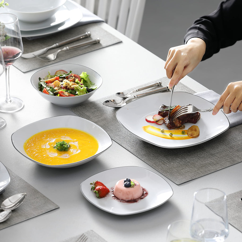 Dinnerware Sets, 24 Piece Porcelain Square Dishes, White with Black Rim Plates and Bowls Sets, Ceramic Dish Set for