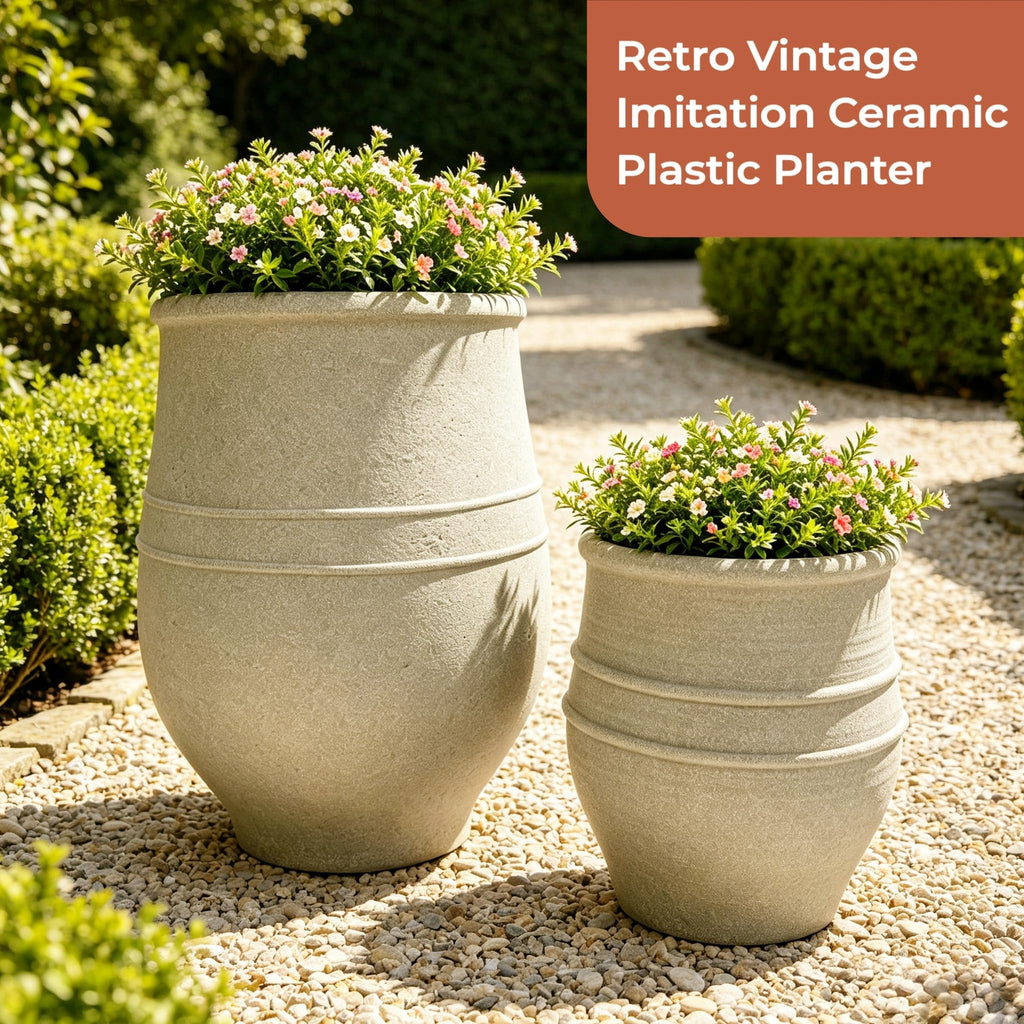 21.3"H & 13.2"H Retro Sandstone Textured Plastic Planter Set of 2