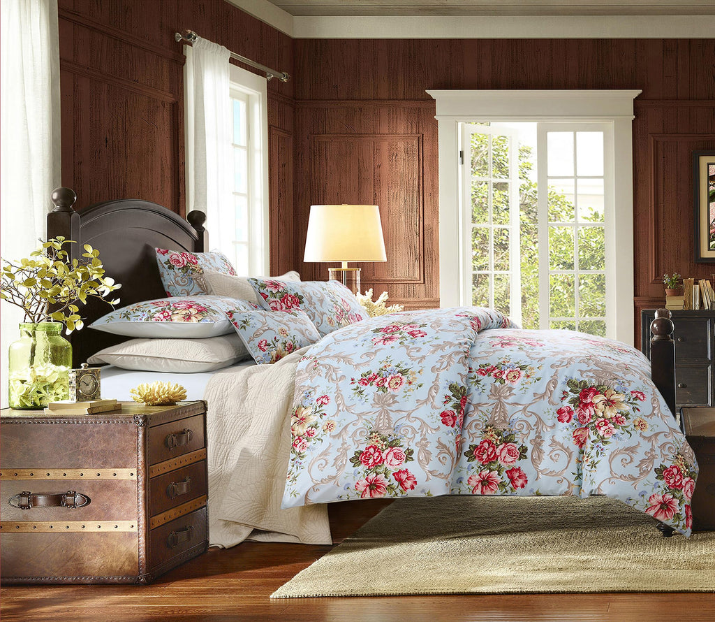 Chic Boho Shabby Floral Classic Luxury Collection Cal King Size 3Pcs Duvet Cover Set Elegant Peony Leaves Bedding