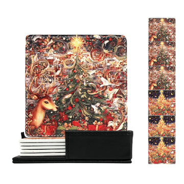 Christmas Coasters Square Leather Drinks Coaster Set with Holder for Coffee Table Bar Home Decor 4 Inches Set of 6