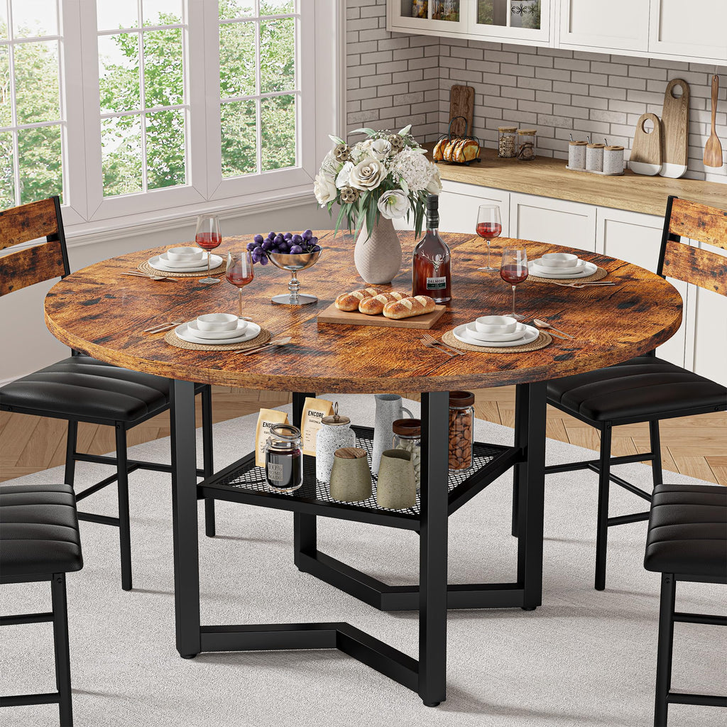 Round Dining Table Set for 6, Rustic Brown
