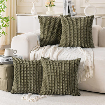 Set of 4 Olive Green Decorative Throw Pillow Covers 18x18 Inch Corduroy Pillow Covers for Bed Couch Sofa Living Room