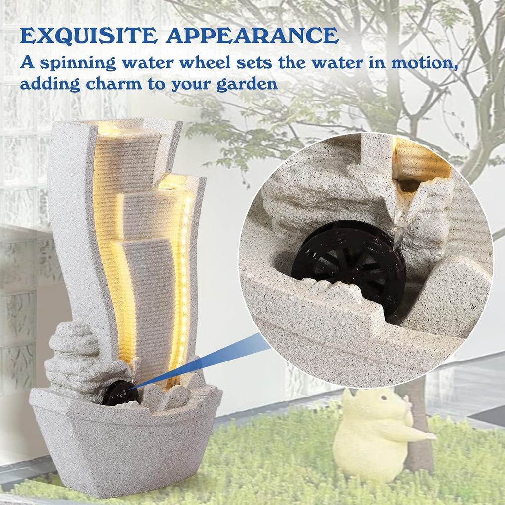 Garden Water Fountain Outdoor, Waterfalls Fountains with LED Light | Cascading Rock Freestanding Water Feature Indoor