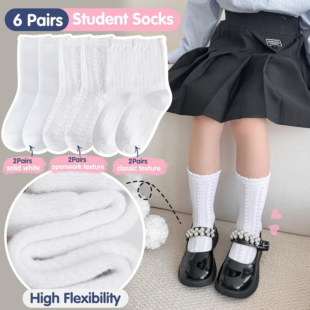Girls Kids Ruffle Socks Uniform School Dress Crew Cotton Textured Breathable Socks 6 Pairs