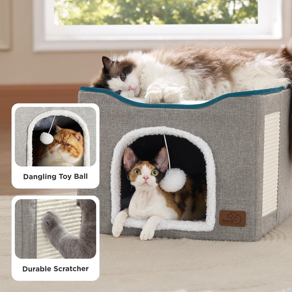 Cat House Bed for Indoor Cats with Fluffy Ball and Scratch Pad, Grey