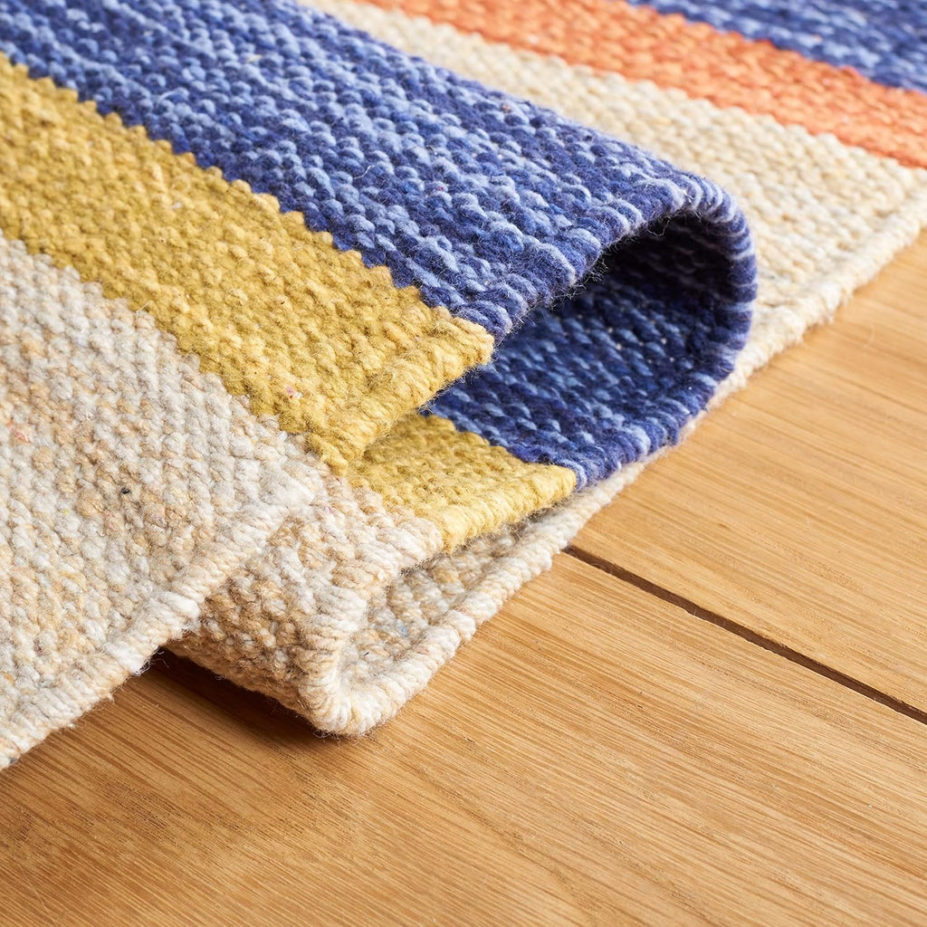 Area Rug - Cotton Kilim Collection - Large - Blue & Ivory, Handmade Cotton, Southwestern Boho Tribal Design