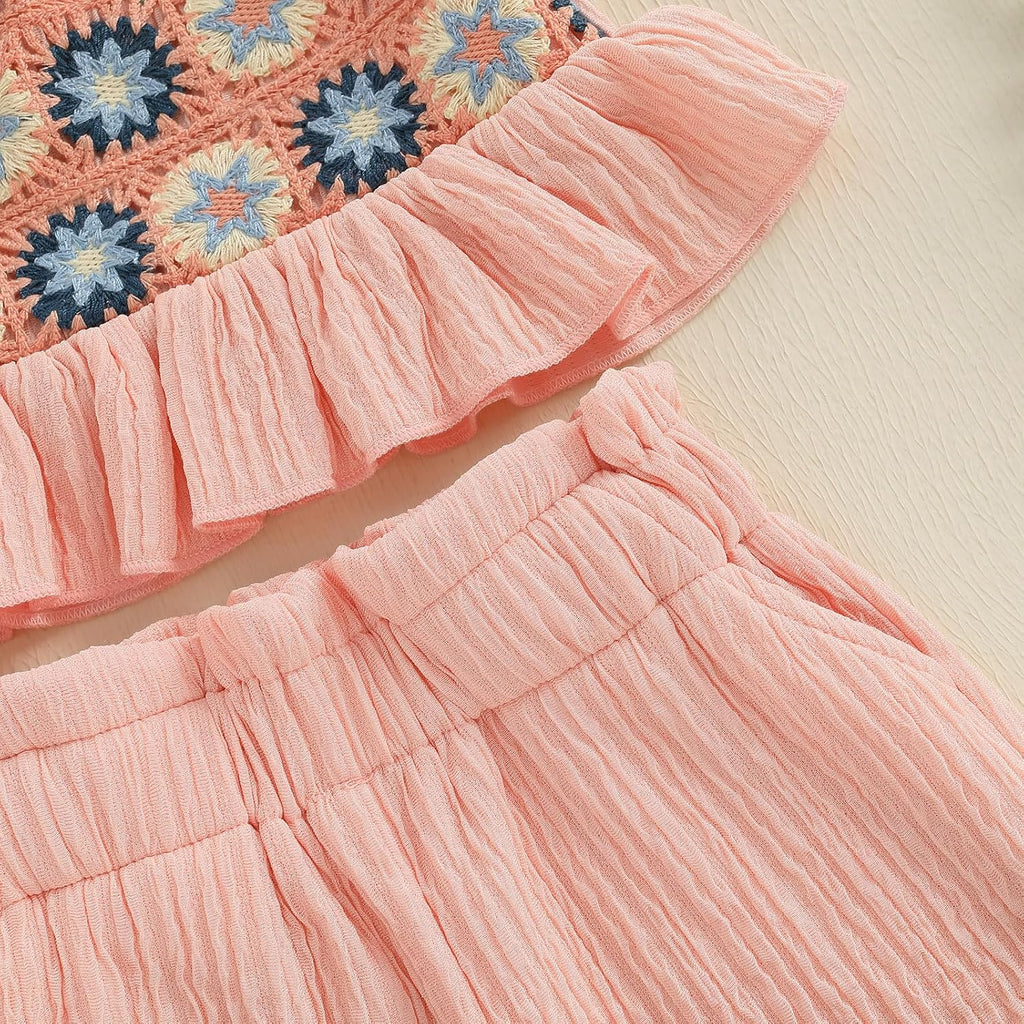 Toddler Baby Girl Crochet Outfit Floral Ruffle Camisole Tank Tops Tassels Linen Shorts Set 2Pcs Kid Boho Summer