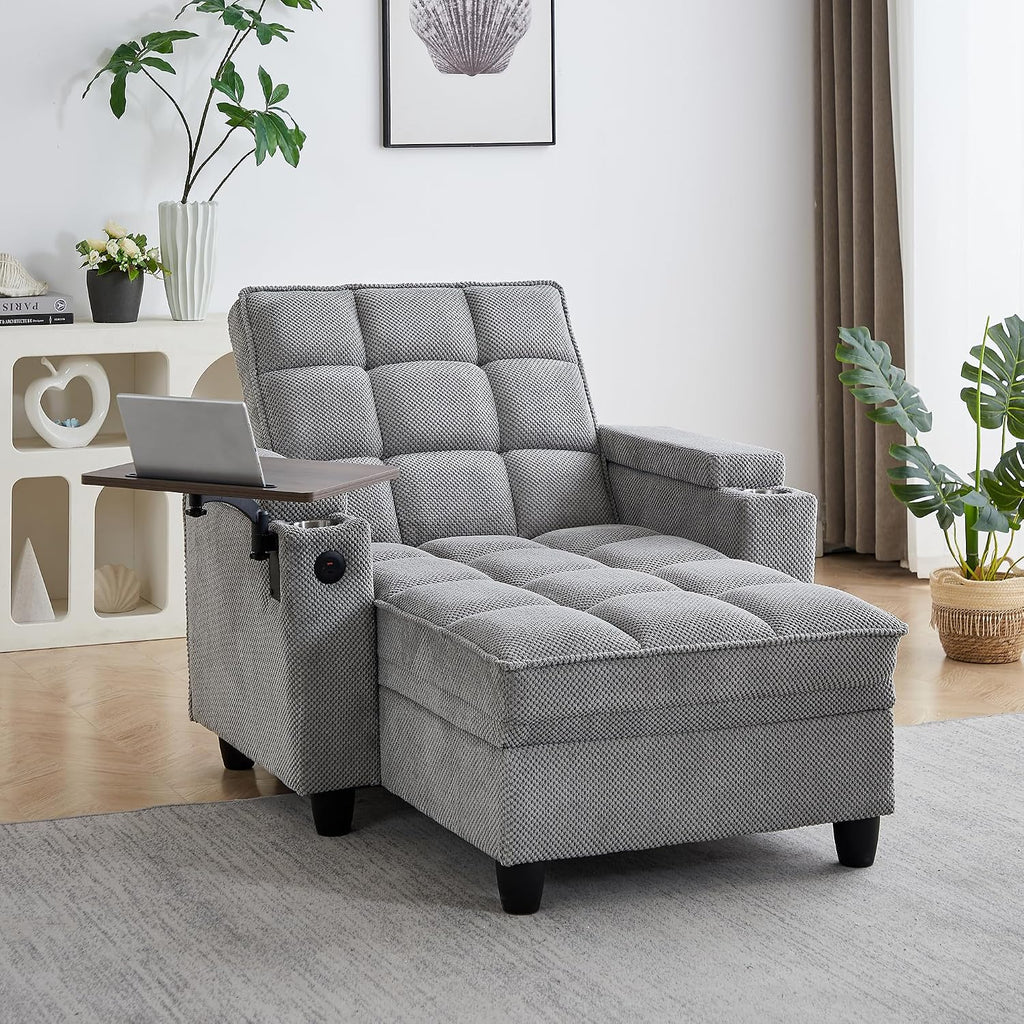 42" Sleeper Chair Bed, Adjustable Backrest & Storage, Light Gray | 3-in-1 Chair, Chaise & Bed | 6-Position Backrest |