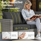 7 Pieces Patio Furniture Set with 42" Fire Pit Table, Outdoor Wicker Sofa with Swivel Chairs