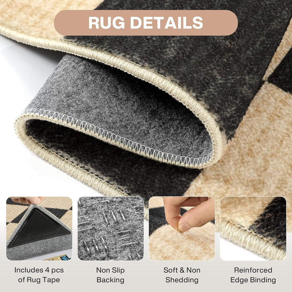 Black Checkered Washable Area Rugs Bedroom