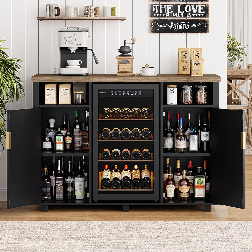 53" Fluted Coffee Bar Cabinet with Mini Fridge Space and Charging Station, Black and Walnut