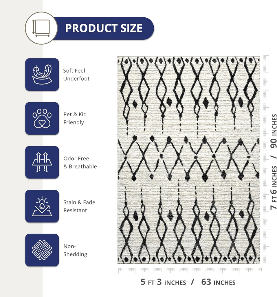 Viva Cream Black Area Rug - 5 x 8, Dining - Modern Moroccan Tribal Design - Soft, Durable, and Easy to Clean