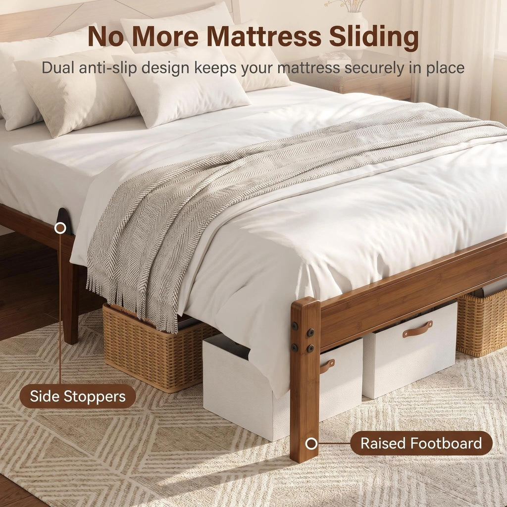 Twin Solid Bamboo Wood 14" Bed Frame with Headboard, Brown