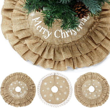Inch Mini Burlap Christmas Tree Skirt Rustic Farmhouse Small Tree Skirt Linen Burlap Mat Printed with White - Set of 3