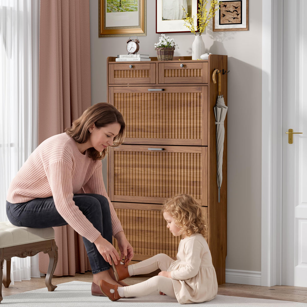 Fluted Shoe Cabinet, 3 Flip & 2 Top Drawers, Walnut