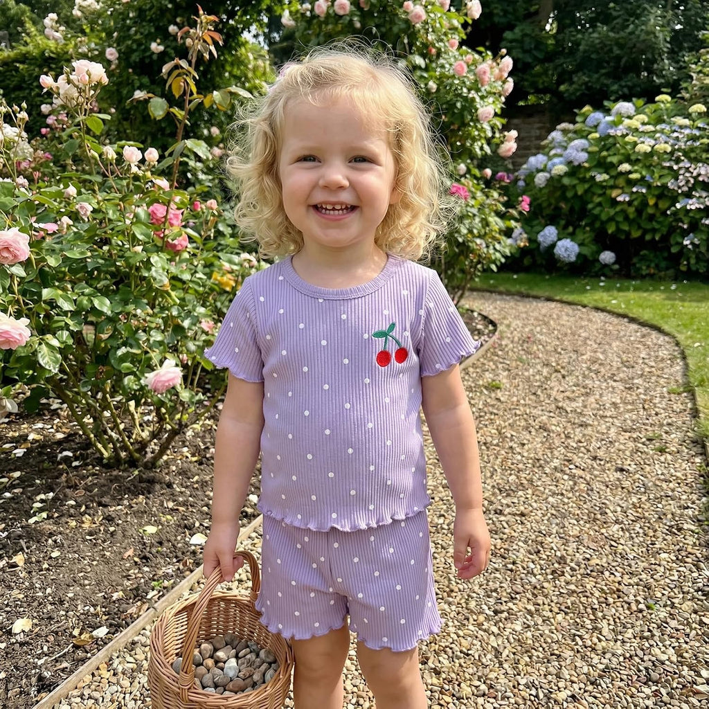 Toddler Baby Girl Summer Outfits Polka Dot Print Ribbed Knit Short Sleeves T-Shirt Tops + Shorts 2Pcs Clothes Set