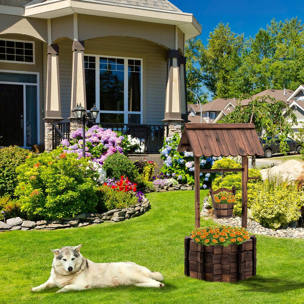 Rustic Solid Fir Wood Wishing Well Planter for Outdoor Plants, 16.5 in Diameter
