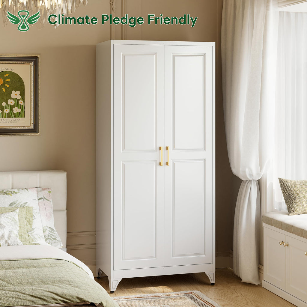 71" White Metal Armoire Wardrobe Closet with Panel Doors
