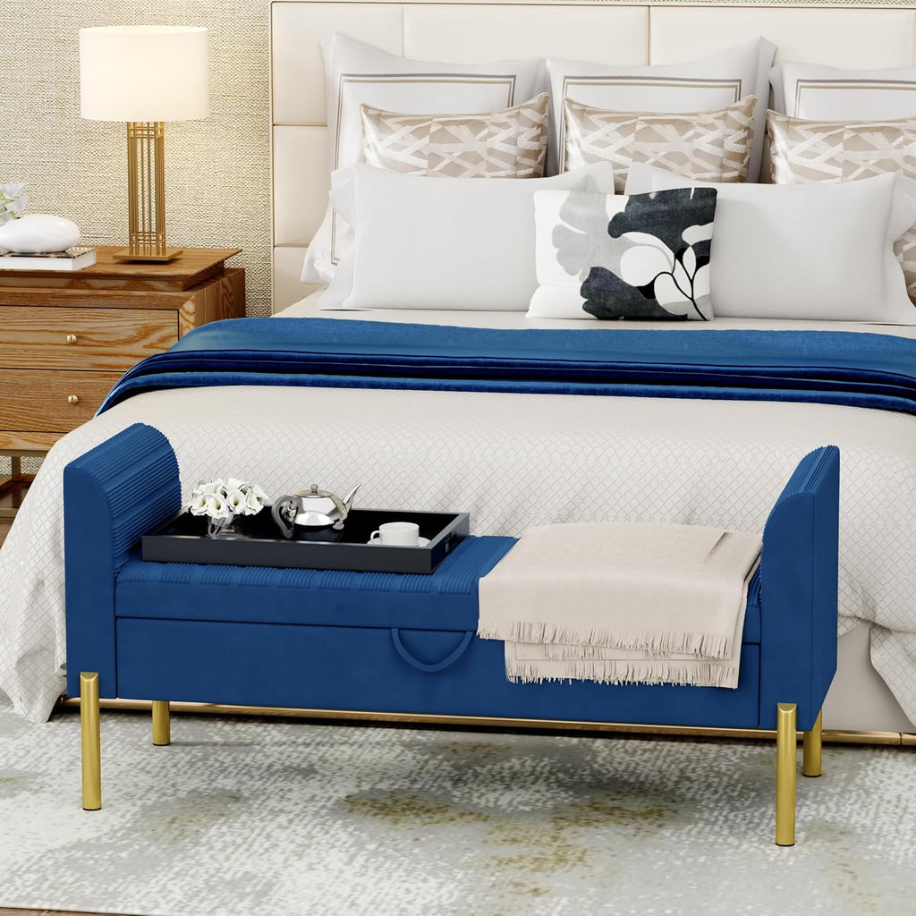 Modern Blue Velvet Storage Bench End of Bed Bench Ottoman, Upholstered Armed Entryway Bench Long Settee