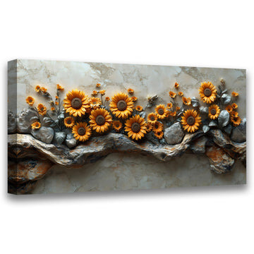 Sunflower Canvas Wall Art, 40x20 Inch Large 3D Textured Floral Print, Modern Marble & Stone Sunflower Painting