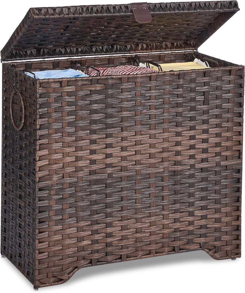 130L Wicker Laundry Hamper with Lid, 3-Section Laundry Basket | 3 Removable Liner Bags; 4 Included Mesh Laundry Bags;