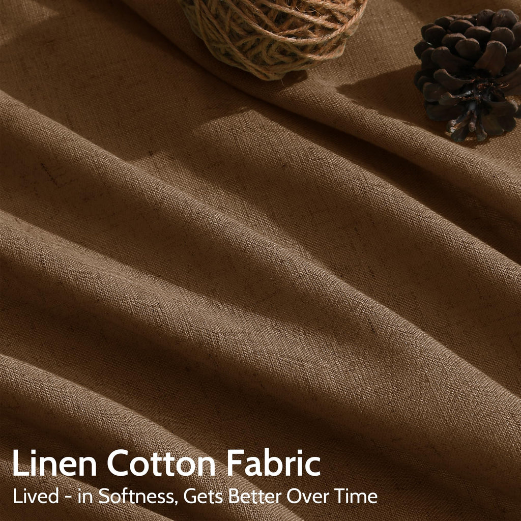 Tobacco Brown Linen Curtains 90 Inch Long Living Room Linen Textured Window Drapes Semi Sheer Light Filtering Rod