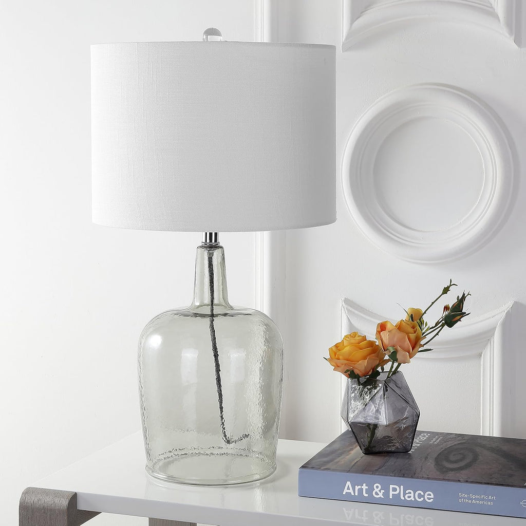 26" Smoked Gray Glass LED Table Lamp, Modern Contemporary Bedside Nightstand Lamp Bedroom, White Linen Drum Shade