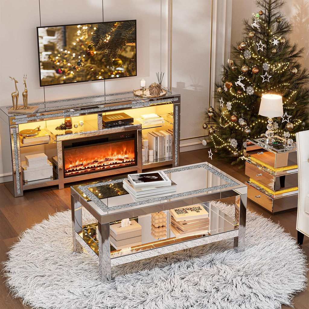 Mirrored Coffee Table with 2 Tiers Storage & LED Light