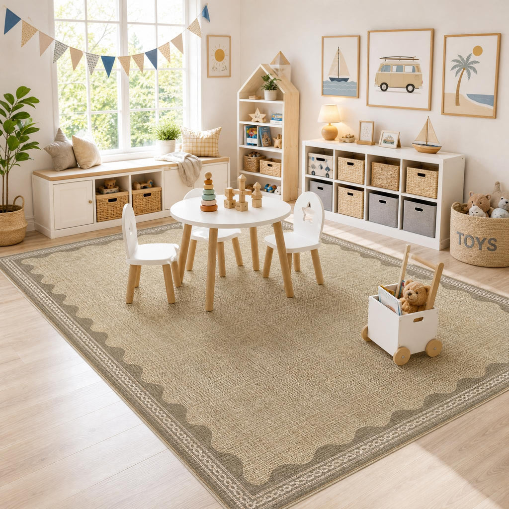 Scalloped 3x5 Rug Washable Non-Slip Low-Pile Indoor Rugs Solid Tan Jute Digital Printing Modern Carpet Bedroom Living