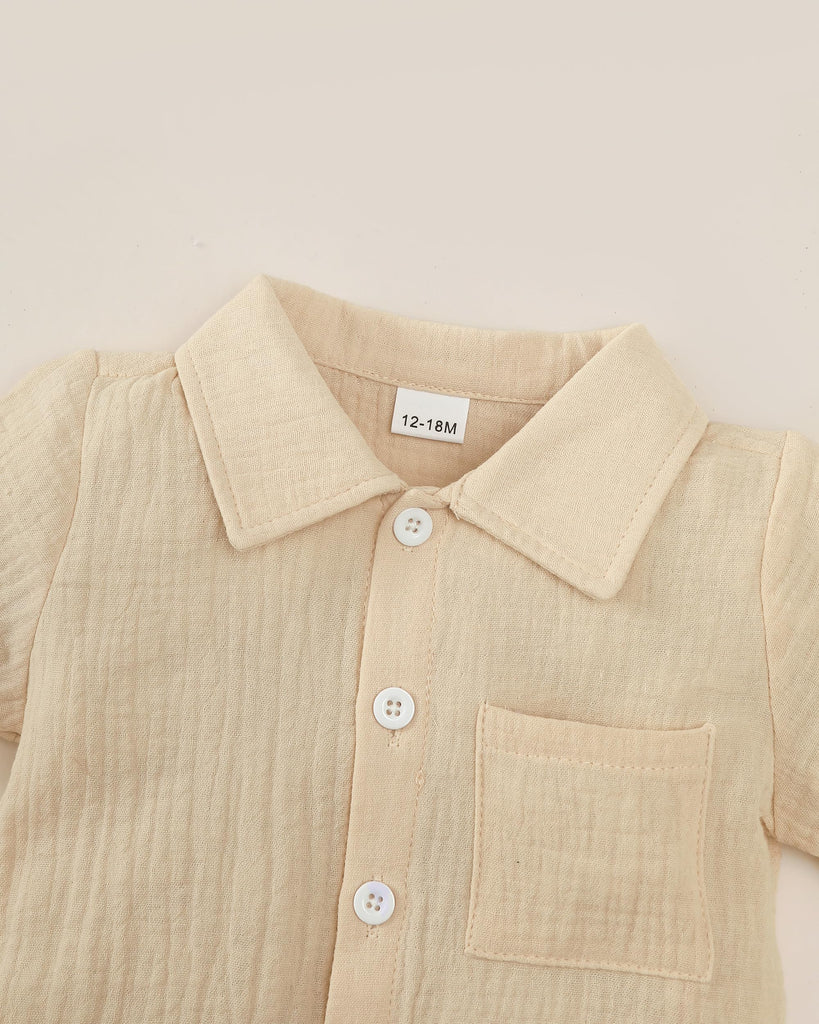 Toddler Boy Outfit - Beige Cotton Linen Button Up Shirt and Shorts Set, Boys Outfits Soft Lightweight