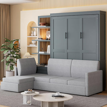 Queen Murphy Bed with Sofa and Shelves, Gray | Space-saving sleeping solution with integrated seating and display