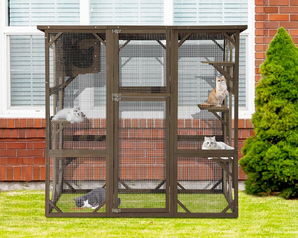 Cat Enclosure Large Outdoor Catio Wooden Cat House with Weatherproof, Cat Cage Condo Indoor Playpen with Platform