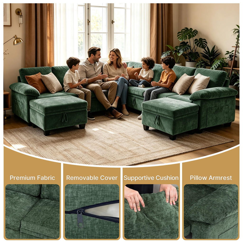 109" Sectional Sleeper U-Shaped Modular Couch Pull-Out Storage Sofa Bed