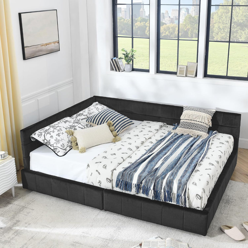 Queen Size Daybed with Storage Drawers, Velevet Upholstered Day Bed Frame with Tufted Backrest and Armrests,Solid