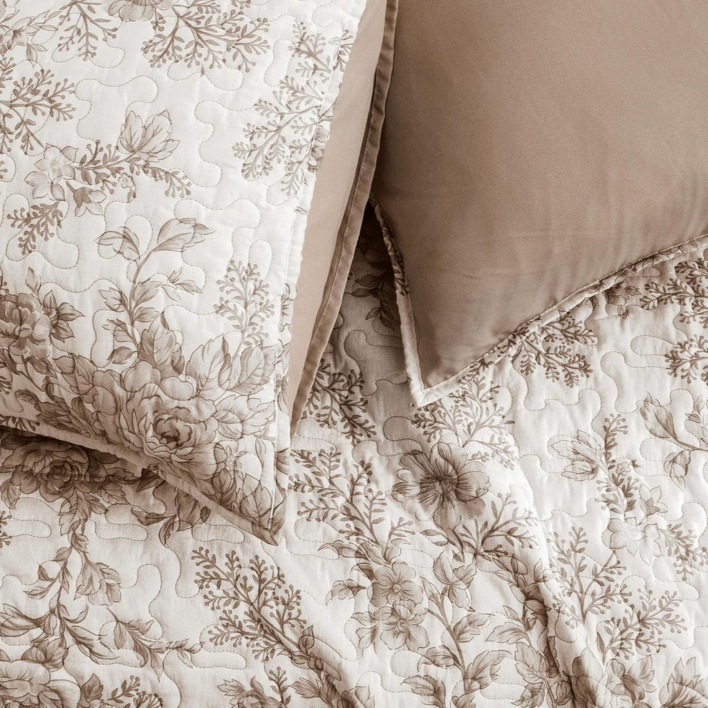 Taupe Floral Quilt Queen, Summer Cooling 3 Piece Cotton Vintage Farmhouse Bedding Set, Machine Washable Lightweight