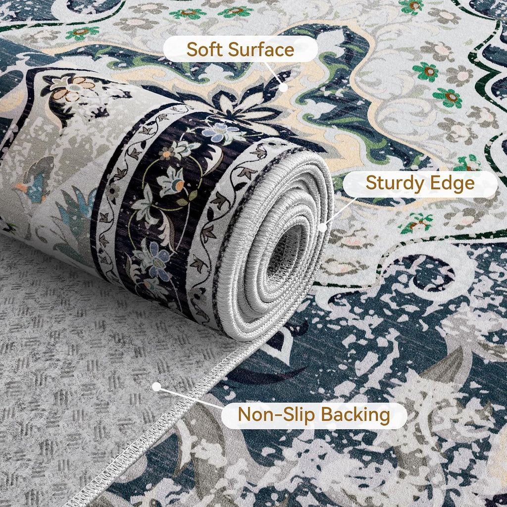 Washable Area Rugs, Non-Slip Boho Vintage Traditional Medallion Print Pattern Carpet Dining Room Farmhouse