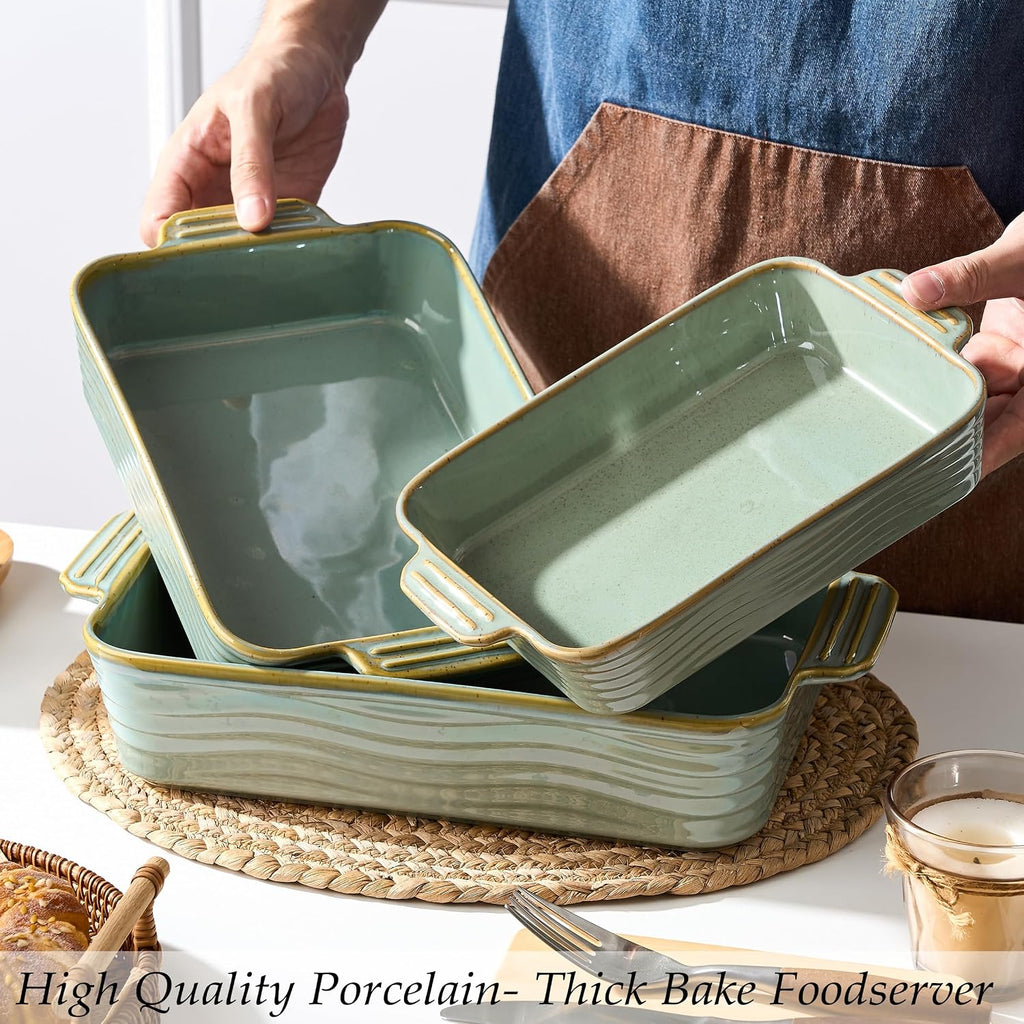 Ceramic Dish Set of 3, Casserole Dishes for Oven, Square Porcelain Bakeware Set with Handles, Lasagna Pan for