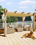 10x13 Ft Outdoor Pergola with Retractable Canopy Aluminum Gazebo Imitation Wood-Grain Post with Side Mesh