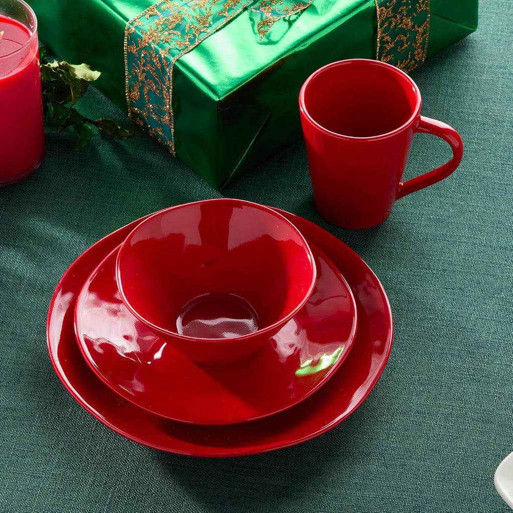 Berry Red Christmas 16pc Dinnerware Set, Stoneware Holiday Tableware Service for 4 with Plates, Mugs & Bowls, Mix