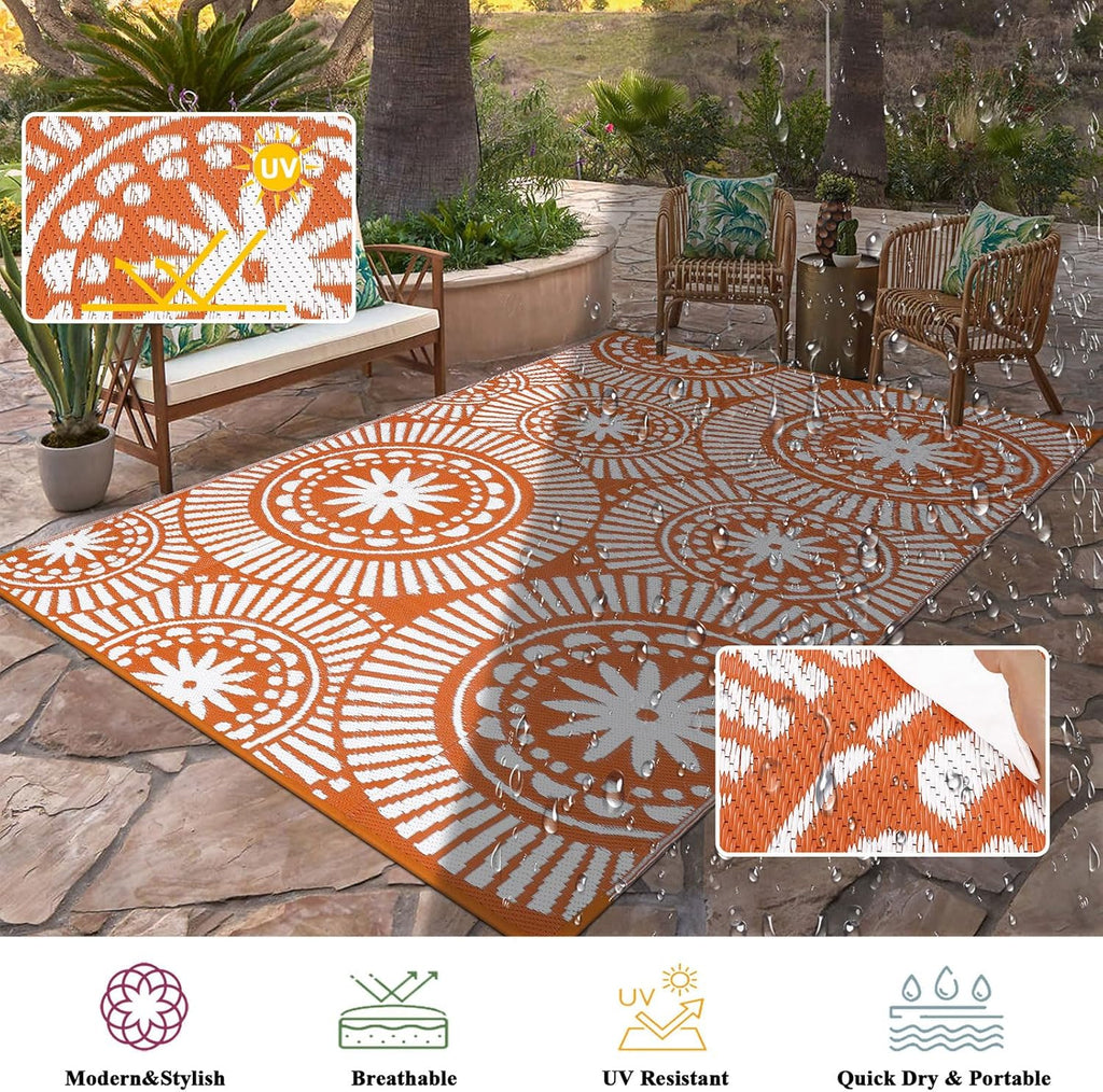 Outdoor Plastic Straw Rug Modern Geometric Style Reversible Patio Area Rugs Waterproof Non Shedding Portable