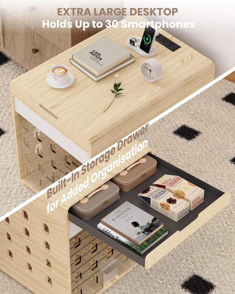 Modern Dog Crate Furniture with Charging Station - Wooden End Table Dog Crate with Flip-Up Acrylic Door, Indoor