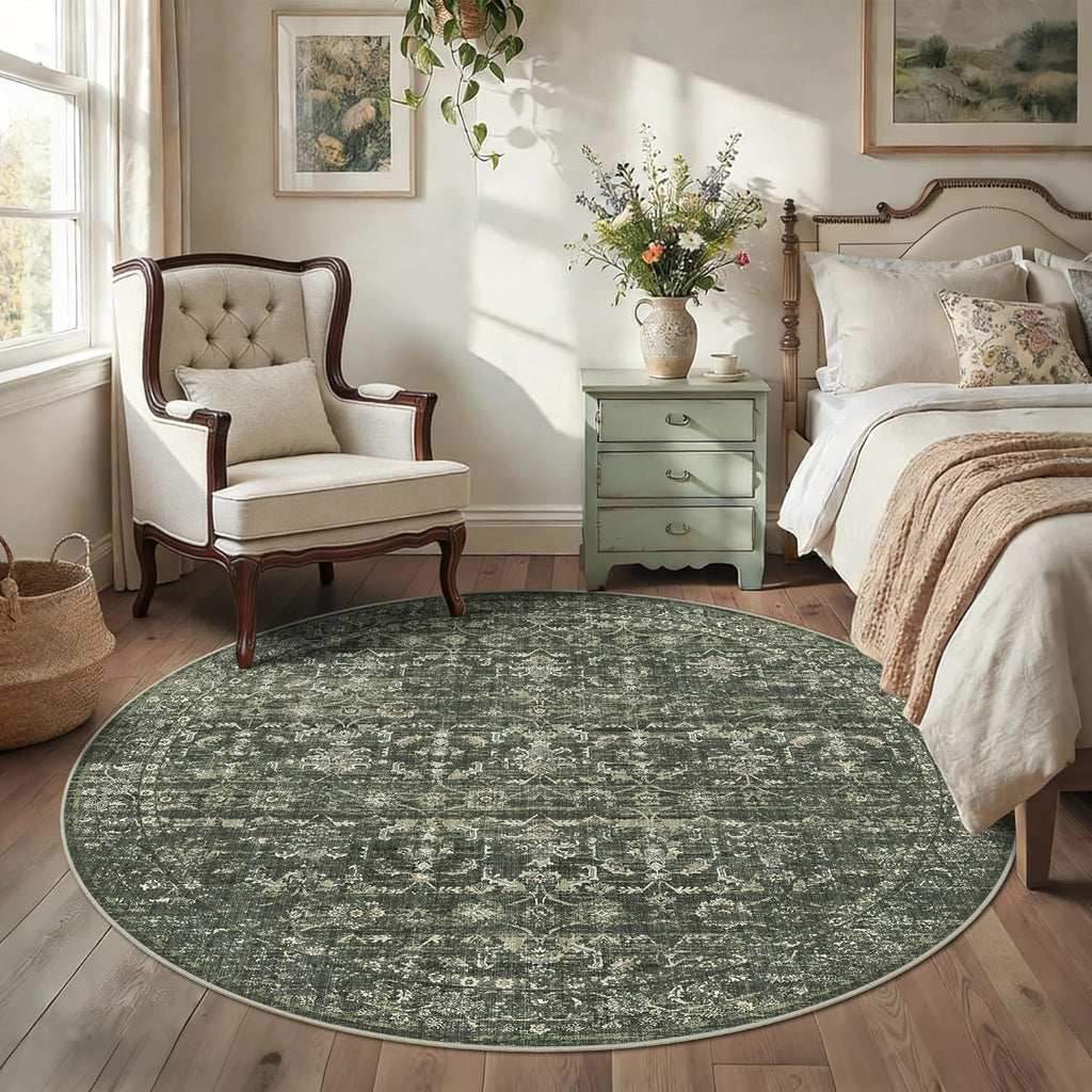 8ft Green Round Washable Area Rug for Living Room Vintage Boho Non Slip Circle 8x8 Large Rug Distres