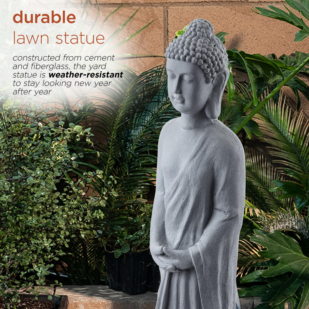 32" Tall Cement Standing Buddha Outdoor Garden Statue, Gray