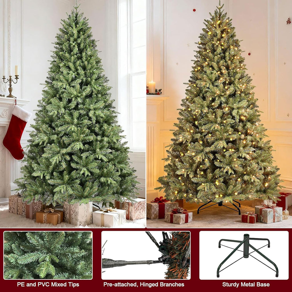 7FT Prelit Artificial Christmas Tree, 2272 PE/PVC Tips, 500 Lights | Warm White Incandescent Lights, Full Realistic